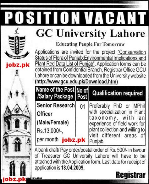 Gc University Lahore Senior Research Officer Required 2024 Job