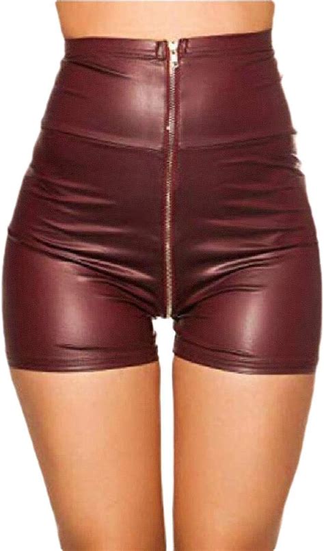 Security Damen Shorts Leder Lose Hohe Taille Pu Rei Verschluss Skinny