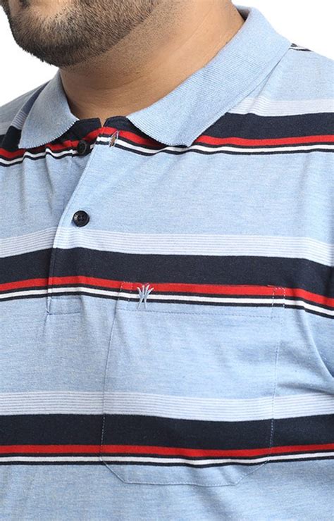 Venitian Men Plus Size Striped Polo Neck Cotton Blue T Shirt With Pocket