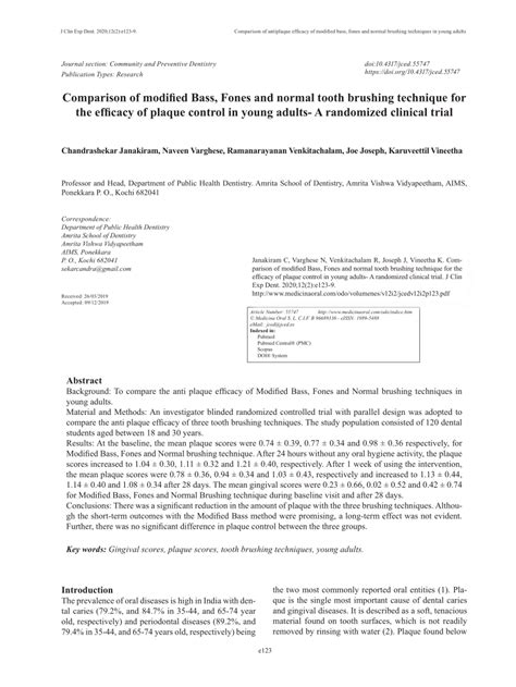 (PDF) Comparison of modified Bass, Fones and normal tooth brushing technique for the efficacy of ...