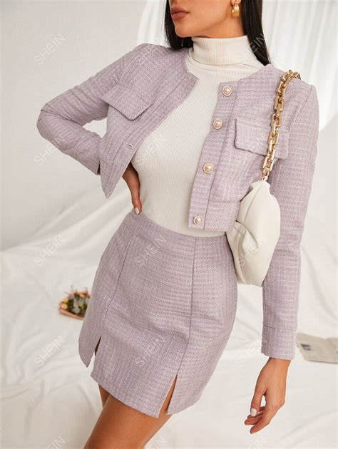 Shein Priv De Cuadros Tweed Cazadora Corta Falda Bajo Con Abertura