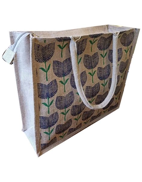 Webbed Handle Zipper Jute Printed Carry Bag Size Dimension 15 X 10 X