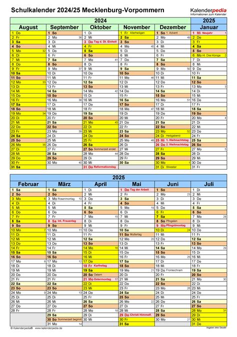 Schulkalender 2024 2025 Mecklenburg Vorpommern für PDF