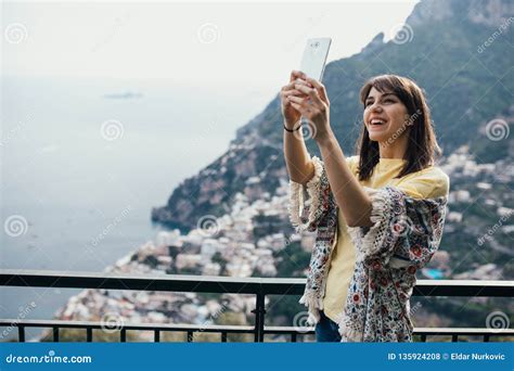 Taking Selfie With Smartphone Fornt Camera Smiling Young Woman Traveler