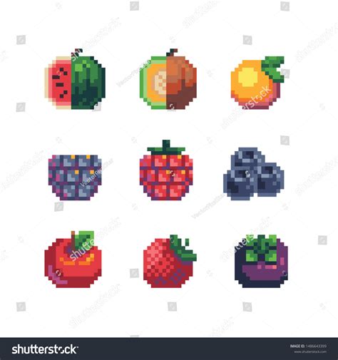 Fruits Pixel Art Icons Set Watermelon Peach Royalty Free Stock