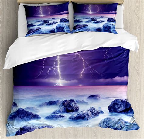 Storm Duvet Cover Set Stormy Sky Scary Ocean Rocks Night View Theme