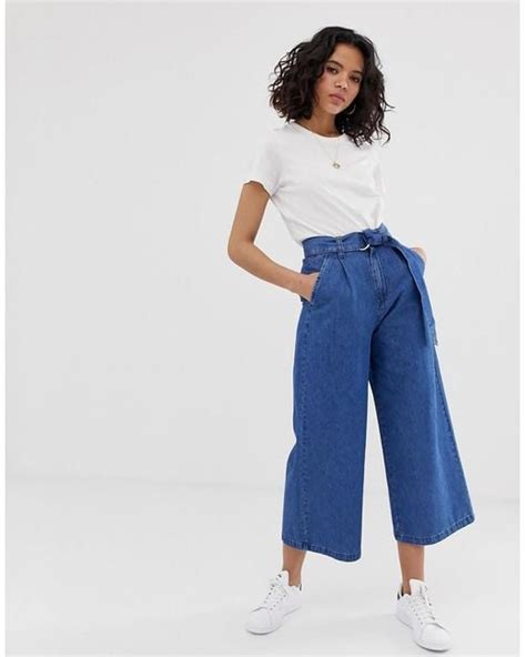 Asos Lightweight Soft Belted Denim Culotte In Mid Wash Blue In Blue Lyst