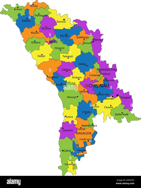 Colorido mapa político de Moldavia con capas claramente etiquetadas y