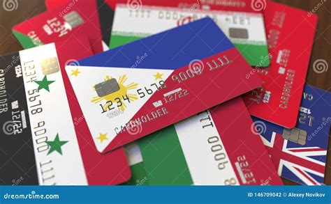 Many Credit Cards With Different Flags Emphasized Bank Card With Flag