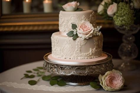 Premium AI Image A Three Tiered Cake With Pink Roses On Top Sits On