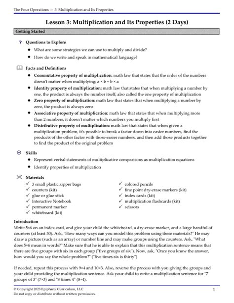 Math Lesson Plan Multiplication And Its Properties 2 Days Epiphany Curriculum Download