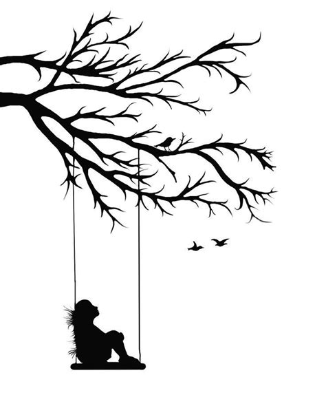 A Silhouette Of A Person Sitting On A Swing Under A Tree With Birds