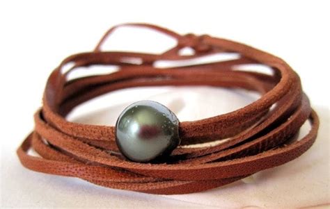 Tahitian Black Pearl Bracelet Leather Wrap Bracelet Boho | Etsy