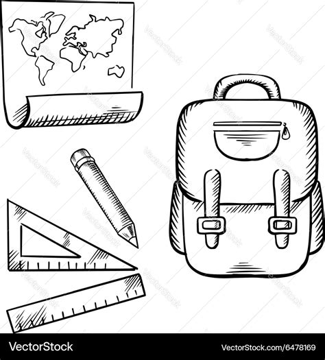 School backpack map pencil and rulers sketch Vector Image