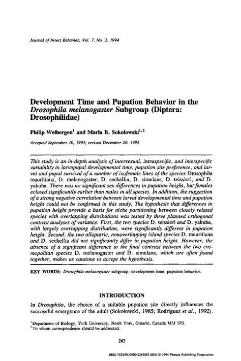 Pdf Development Time And Pupation Behavior In The Drosophila