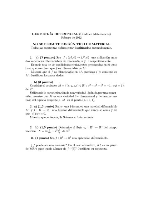 Febrero 22 Examen GEOMETRÕA DIFERENCIAL Grado en Matemticas