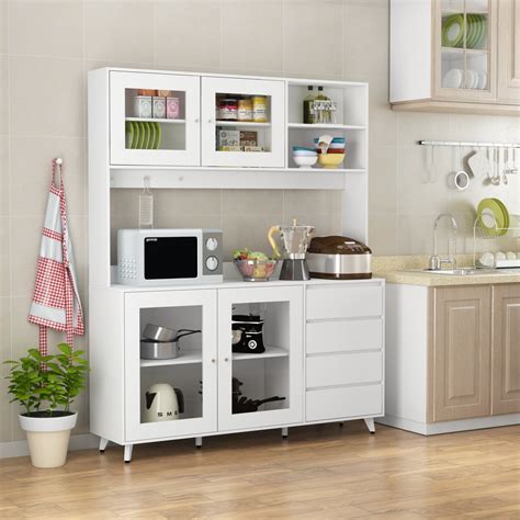 Didugo Modern Kitchen Pantry Storage Cabinet With Hutch And Drawers White Sideboard Buffet