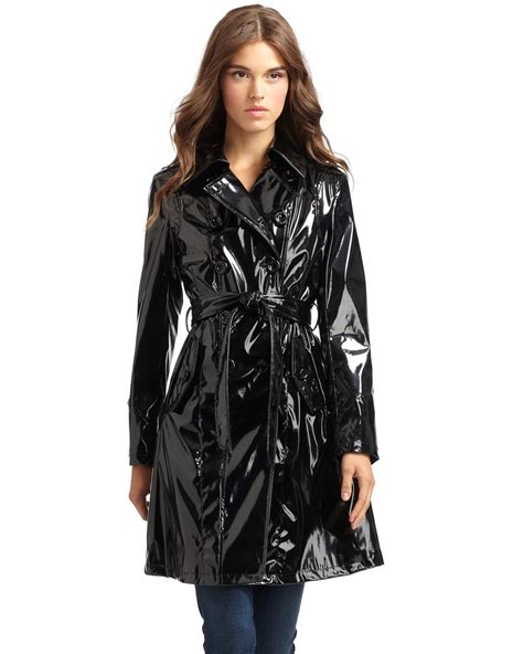 Via Spiga Faux Patent Leather Trench Coat In Black Lyst