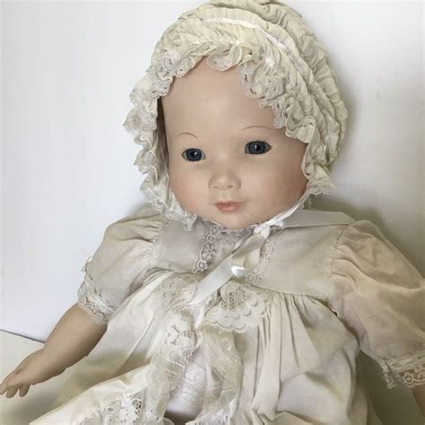 Vintage Porcelain Baby Doll Antique Beige Christening Gown And Bonnet