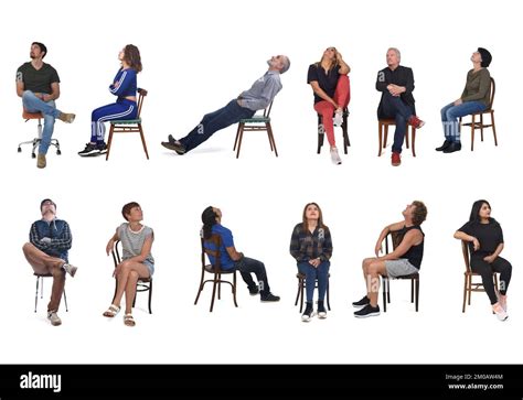 Group Of People Sitting On Chair And Looking Up On White Background