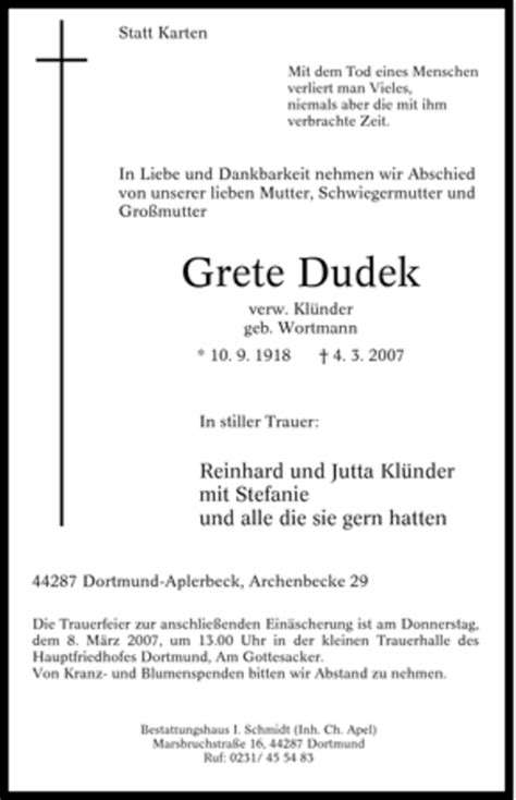 Traueranzeigen Von Grete Dudek Trauer In NRW De