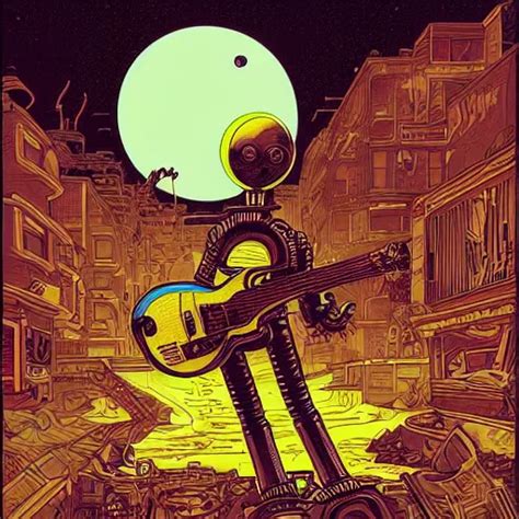 Illustration Of A Robot Playing Guitar In A Ruined Stable Diffusion