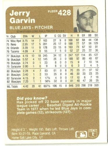 Jerry Garvin Toronto Blue Jays Fleer Nm Mt Ebay