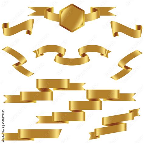 Gold Ribbon Set In Isolated For Celebration And Winner Award Banner White Background Vector