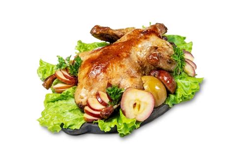 Pato Asado Relleno De Manzanas Al Horno Aislado En Blanco Pato Al