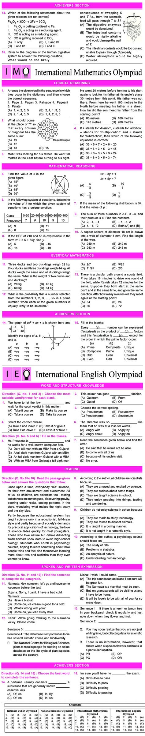 Nco Nso Imo Ieo And Igko 2018 2019 Class 10 First Level Sample Papers