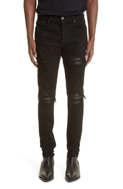 Amiri Mx1 Leather Patch Ripped Skinny Jeans In Aged Black Modesens Gb