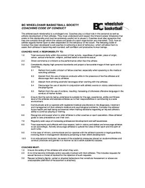 Fillable Online Bcwbs Coaching Code Of Conduct BC Wheelchair