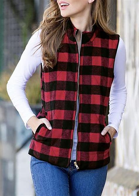 Plaid Pocket Sleeveless Vest Coat Without Necklace Red Bellelily