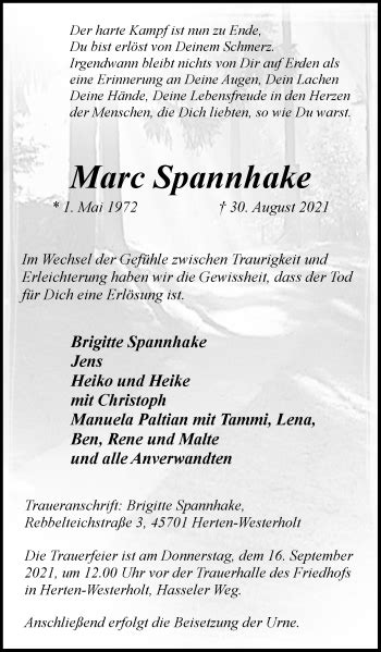 Traueranzeigen Von Marc Spannhake Sich Erinnern De