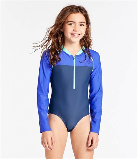 Girls' Watersports Swimsuit One-piece Long Sleeve, Colorblock