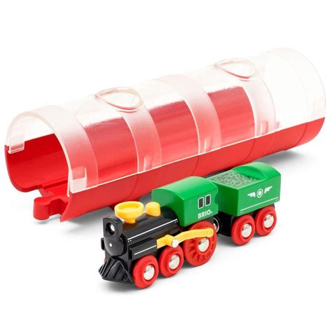 a small toy train with a red barrel on the front and green tank on the back