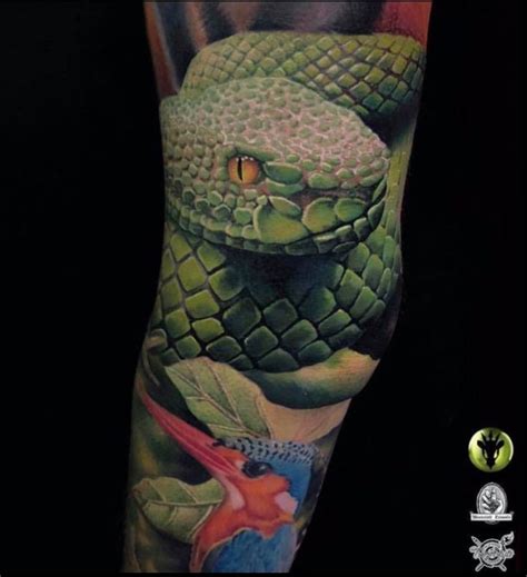 snake green realistic tattoo in color by Joe tattoo anansi munich artist