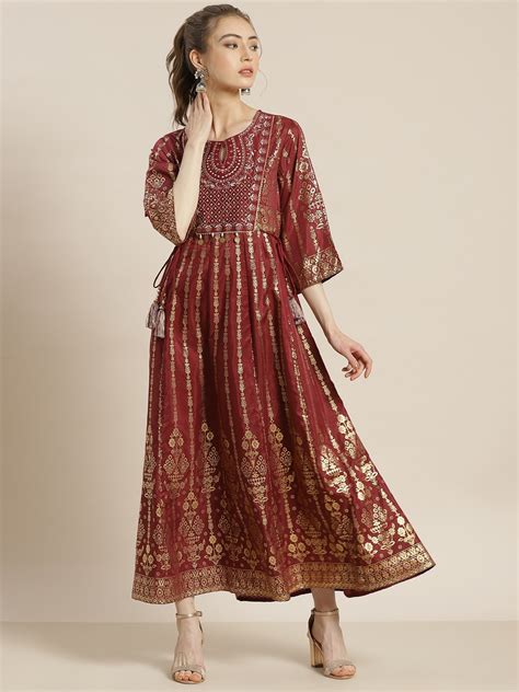 Buy Juniper Women Maroon And Golden Ethnic Motifs Ethnic Maxi Dress