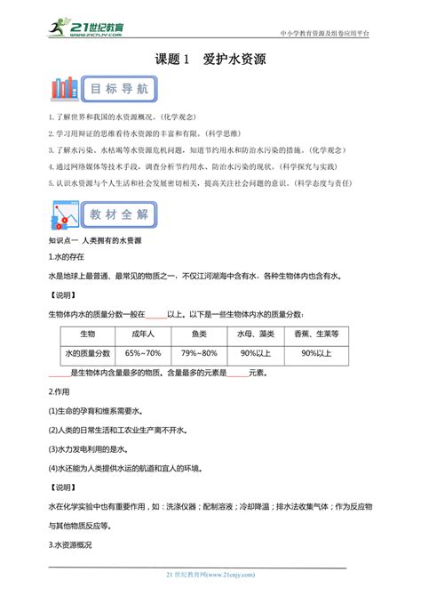 2023 2024学年人教版九年级化学上册 第四单元 课题1 爱护水资源 预习案（含解析） 21世纪教育网