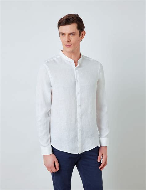 Linen Collarless Relaxed Slim Fit Shirt In White Hawes And Curtis