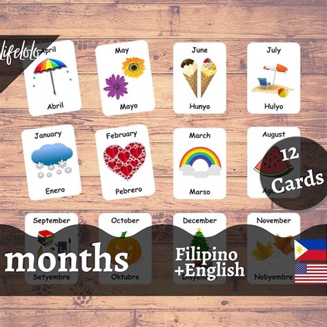 Months Of The Year Filipino Flash Cards 12 Bilingual Cards Etsy