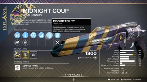 Complete Destiny Midnight Coup God Roll Guide Pvp And Pve One Esports