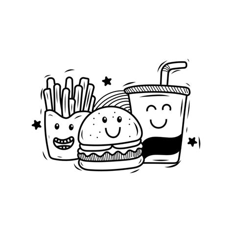 Cute Fast Food Doodle Illustration With Facial Expressions On Isolated