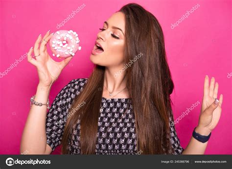 Sexy Model Long Brunette Hair Pink Background Emotional Portrait She Stock Photo By Annademy