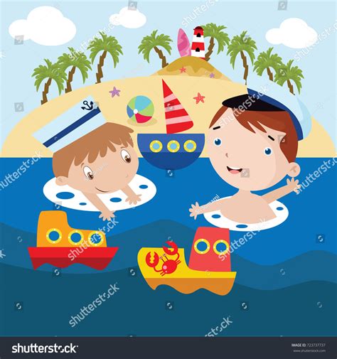 Kids Swimming Beach Cartoon Vector Illustration Stock Vector (Royalty ...