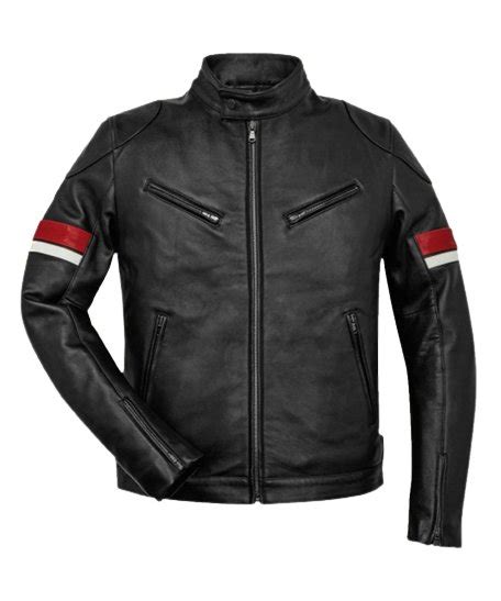 Men's Black Cafe Racer Leather Jacket | Red & White Striped Biker Jacket