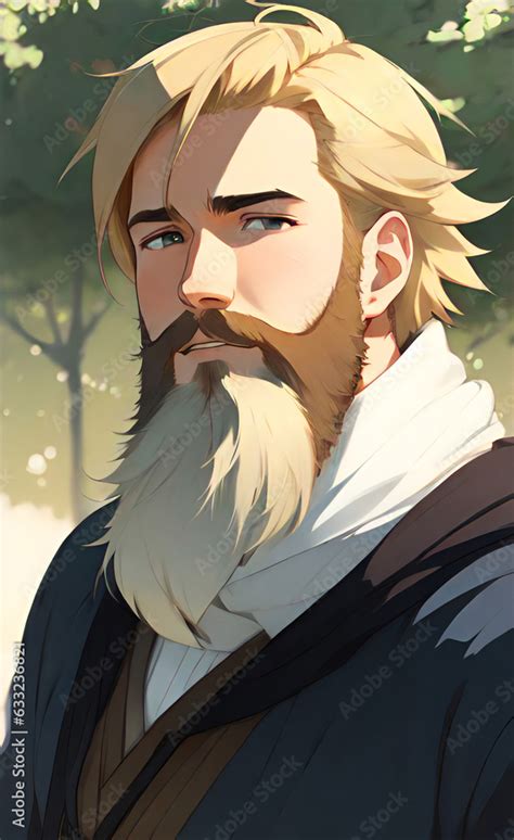 Stoic Male Anime Man Angel With Blonde Hair And Beard Looking Straight