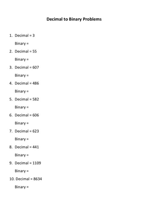 Binary To Decimal Worksheets