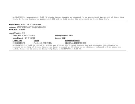 Oswego County TodayOswego Police Department Arrest Summary Report Arrests 12.2.2022-12.5.2022