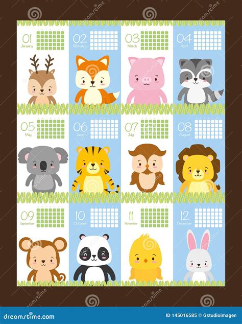 Cute animals calendar stock vector. Illustration of monthly - 145016585